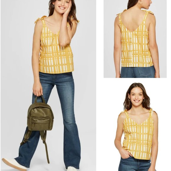 Universal Thread Tops - UNIVERSAL THREAD Cotton Yellow Plaid Tie Tank Top szL